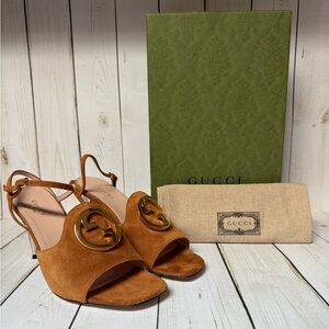 Gucci Suede Blondie Slingback Sandals Cognac Brown Sz 38 / 8